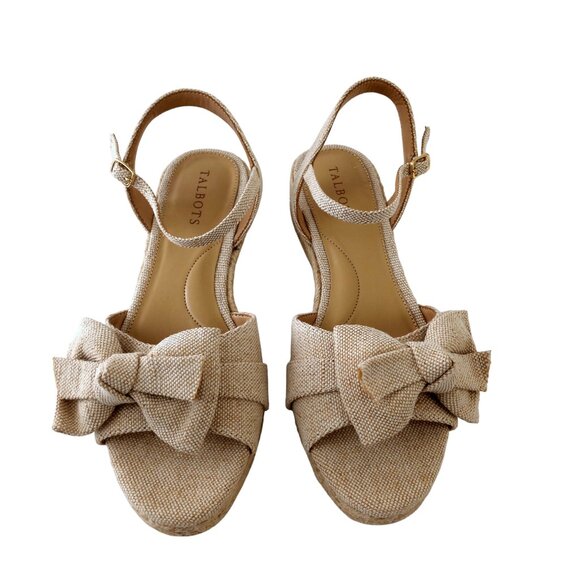 Talbots Pamela Bow Linen Espadrille Wedge Sandals Beige Metallic - Picture 1 of 9